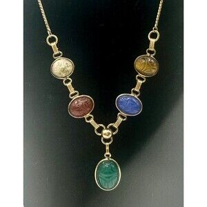 Vintage Egyptian Revival Scarab 10k gold filled necklace with 5 scarabs
